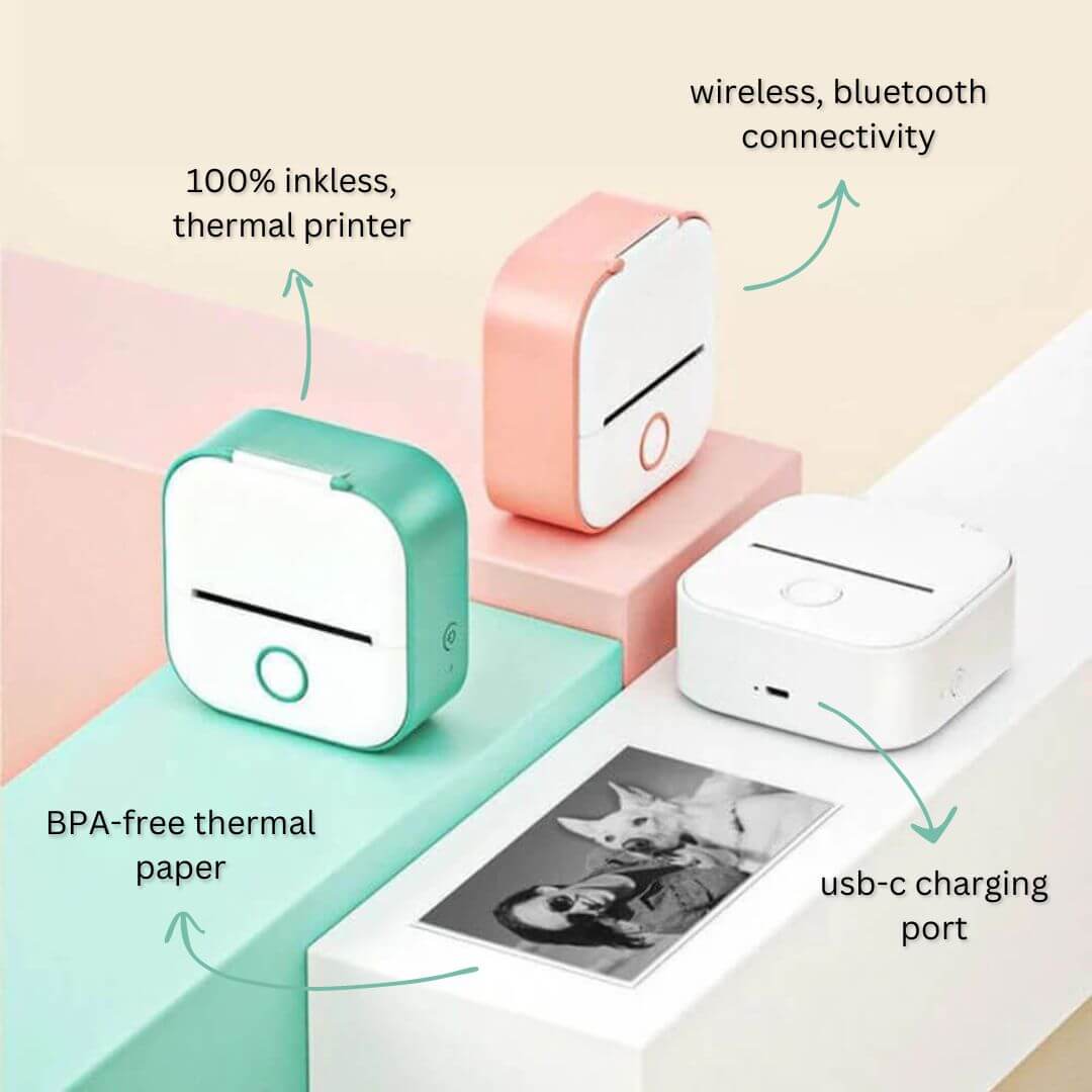 image diagram of various components of printer highlighting it's usefulness being wireless, inkless and usb-c chargeable. 